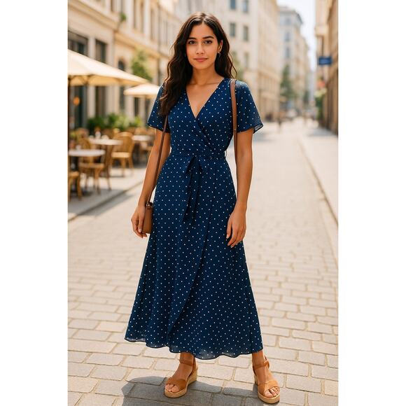 Parien House Navy Blue White Polka Dot Wrap Maxi Dress Short Sleeve Size S Small - Picture 1 of 9